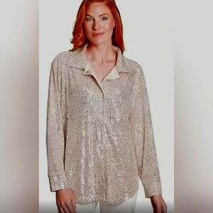 RUBY RD SEQUIN SHIRT JACKET SZ M WHITE GOLD